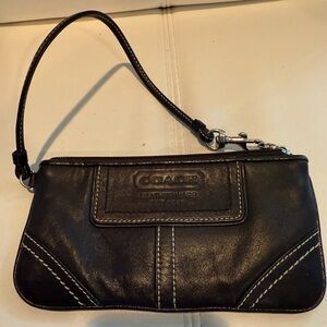Coach Black Leather Wristlet with Contrast Stitching